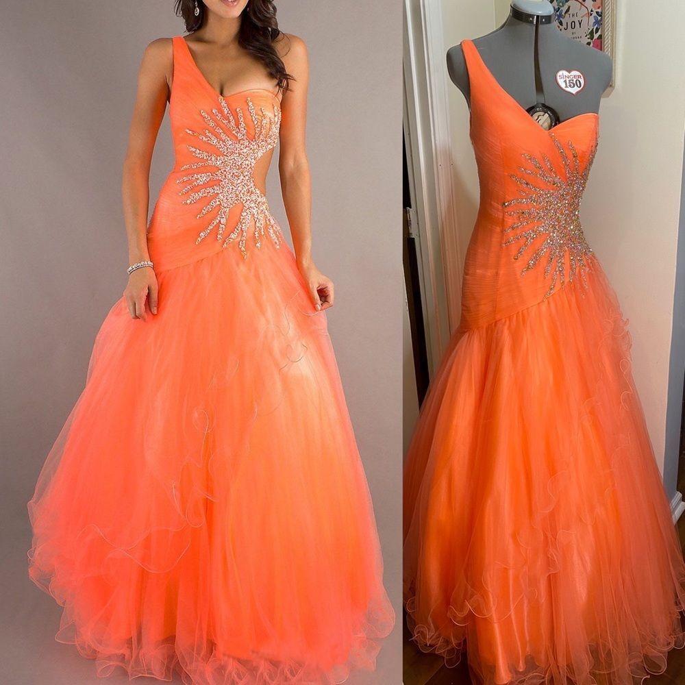 Anny Lee vibrant orange bejeweled one shoulder cut out formal dress M